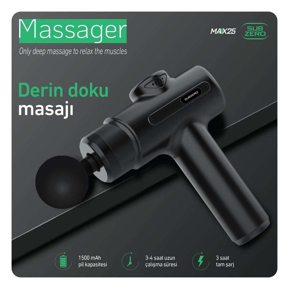 Subzero MAX25 Darbeli Titreşimli Şarjlı Sporcu Masaj Tabancası Masaj Aleti Kas Rahatlatıcı Egzersiz Aleti 4 Başlıklı