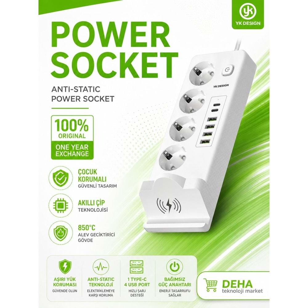 YK Design 974-2PD 4'lü Uzatma Kablosu | 4xUSB 2xPD | Kablosuz Şarj Özelliği