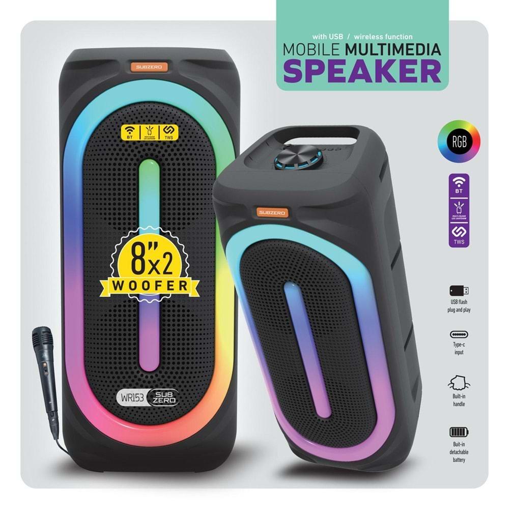 Subzero WR153 RGB Bluetooth/Usb/Sd (TWS Özelliği) 8x2 Müzik Kutusu Kablolu Miktofon