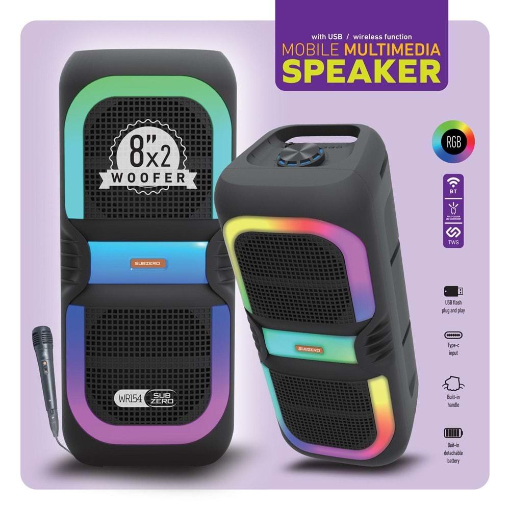 Subzero WR154 RGB Bluetooth/Usb/Sd (TWS Özelliği) 8x2 Müzik Kutusu Kablolu Miktofon