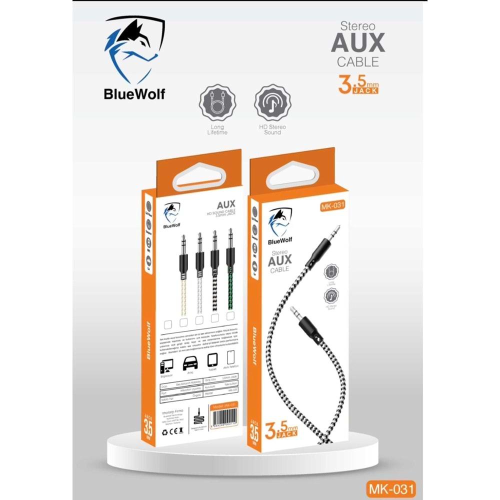 Bluewolf MK-031 3.5mm Jack Renkli Hasır Aux Kablo