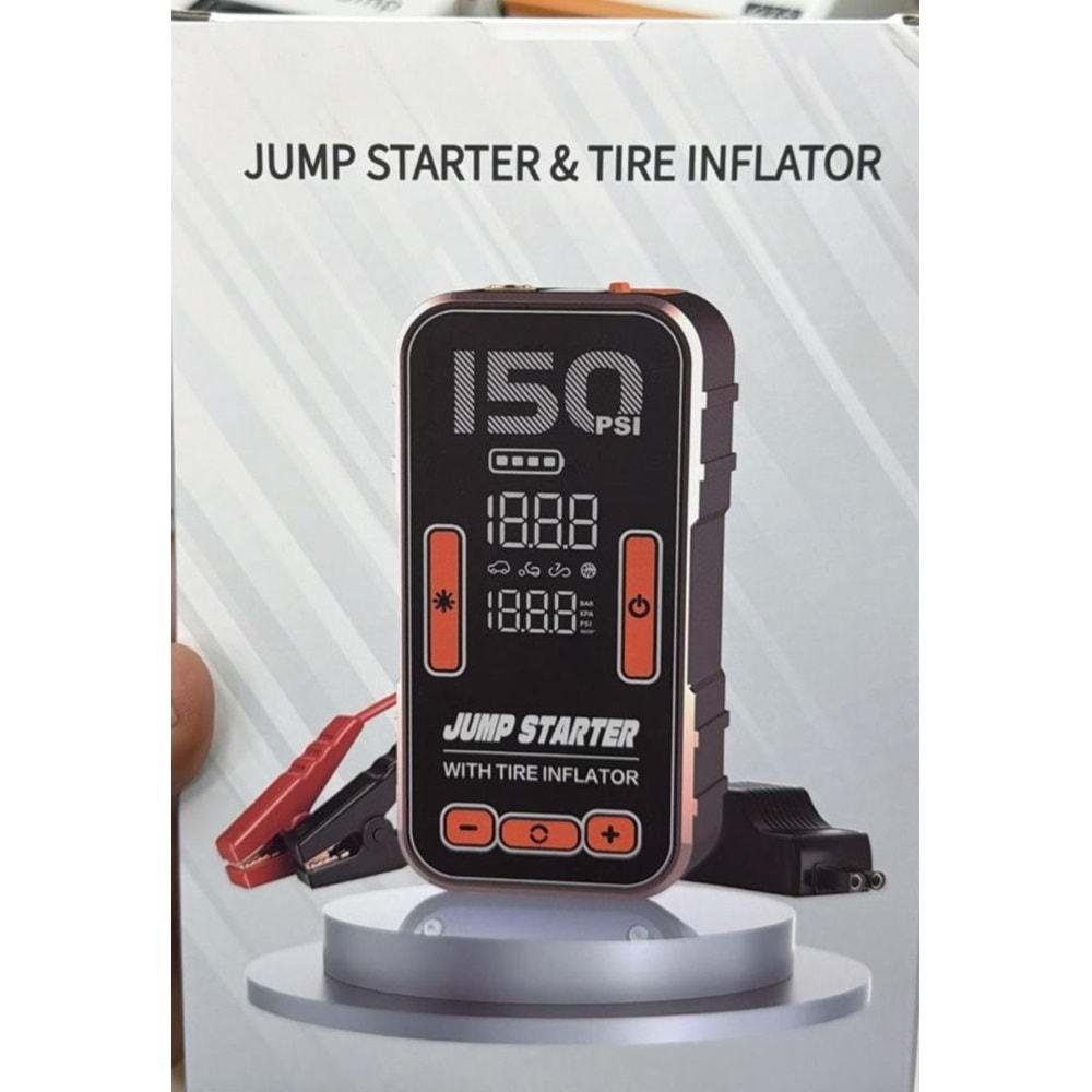 Yk Design MC6625 Araç Akü Takviye Cihazı Dijital Göstergeli Lastik Şişirme Kompresörü Pompa Taşınabilir Güçlü Çok Fonksiyonlu Acil Destek Ünitesi Araç Pompası