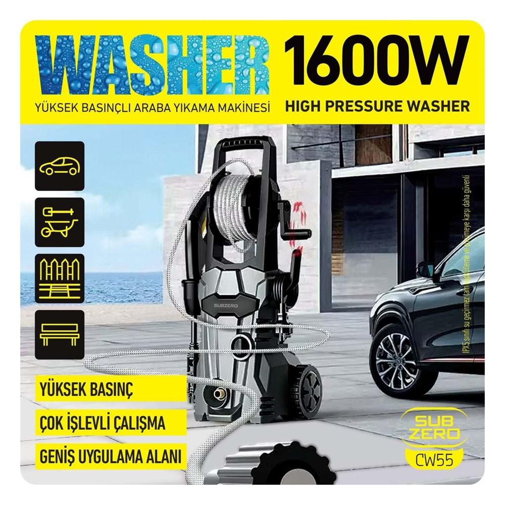 Subzero CW55 Oto Halı Bahçe Temizleme ve Yıkama Makinesi 1600W 75 Bar Yüksek Basınçlı 8metre Kablolu