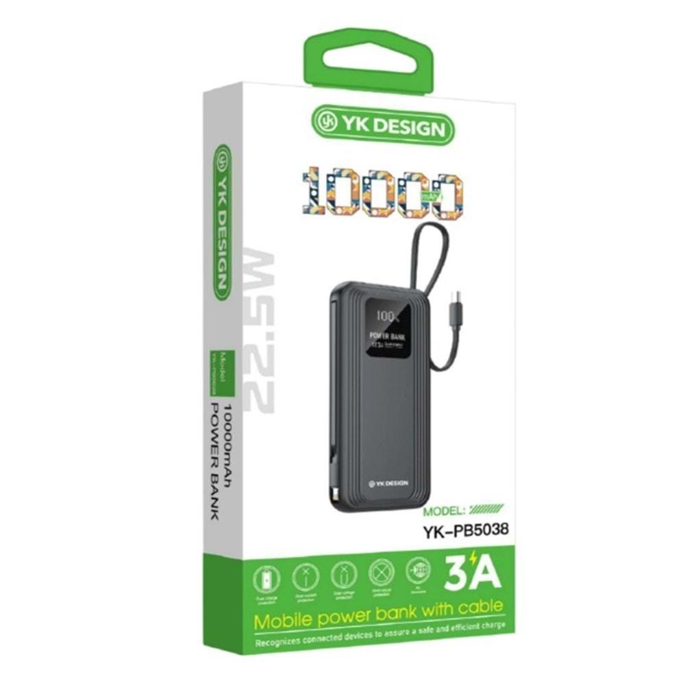 YK Design YK-PB5038 10000 mAh 22.5W Kablolu Lcd Göstergeli Powerbank