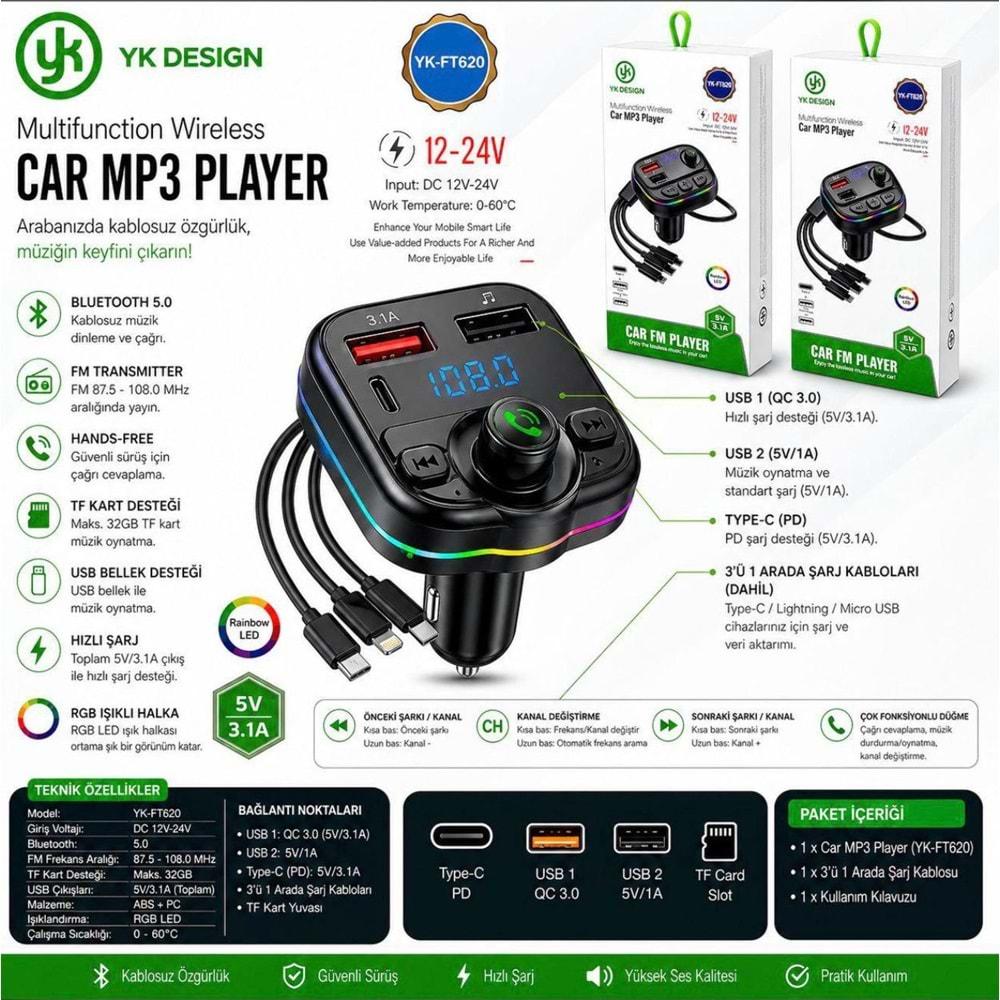 YK Design FT-620 Araç Fm Transmitter Bluetooth Usb Mp3 Sd Kart PD TypeC Şarj