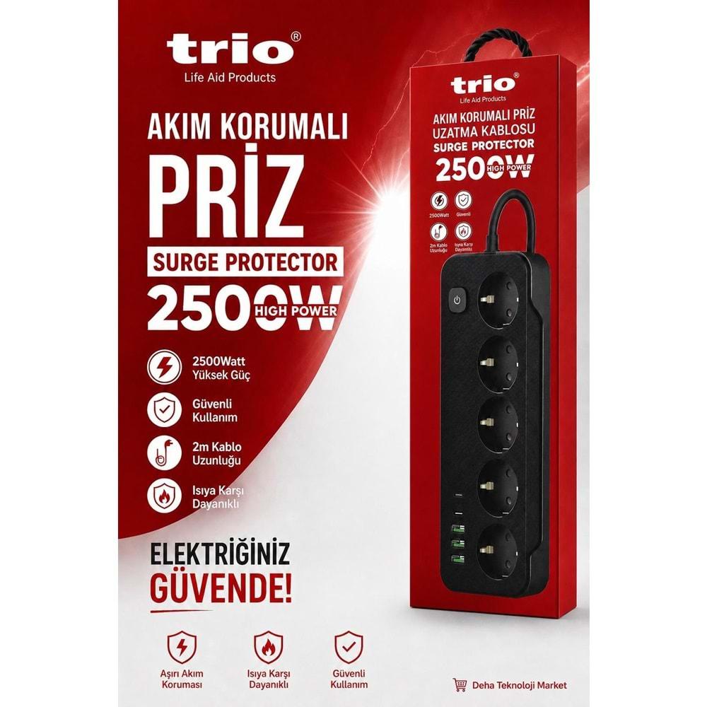 Trio TR3441 Akım Korumalı 5li Priz Uzatma Kasblosu 2mt 3Usb/2Type-C