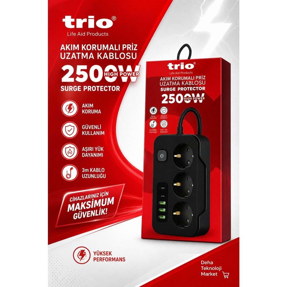 Trio TR3449 Akım Korumalı 3Lü Priz Uzatma Kasblosu 2mt 3Usb/2Type-C