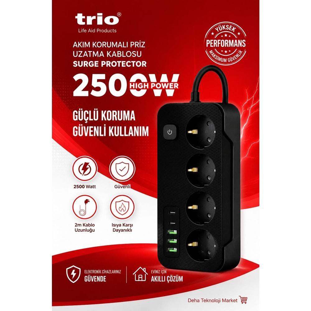 Trio TR3440 Akım Korumalı 4Lü Priz Uzatma Kasblosu 2mt 3Usb/2Type-C