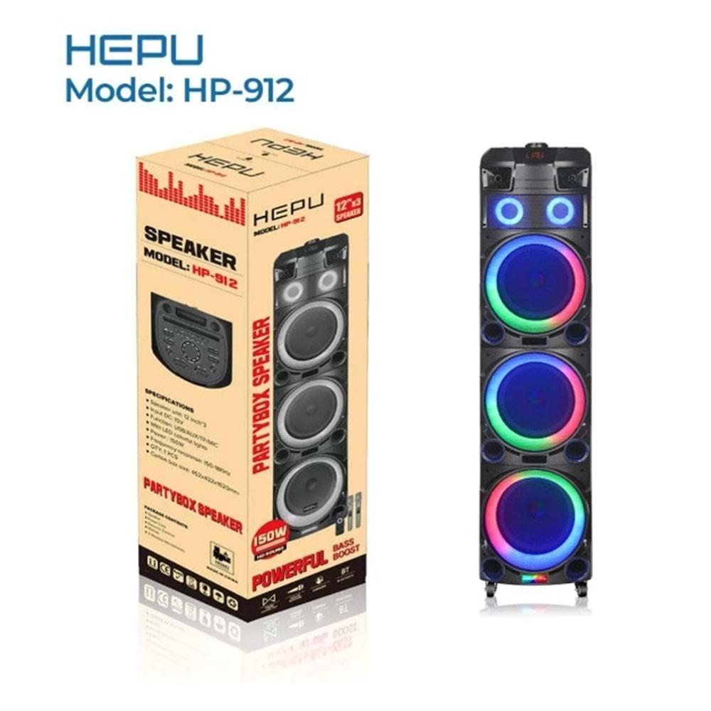 HEPU HP-912 Büyük Boy 150W RMS 3x12” PartyBox Bluetooth Hoparlör | RGB Işıklı | 2 Kablosuz Mikrofon