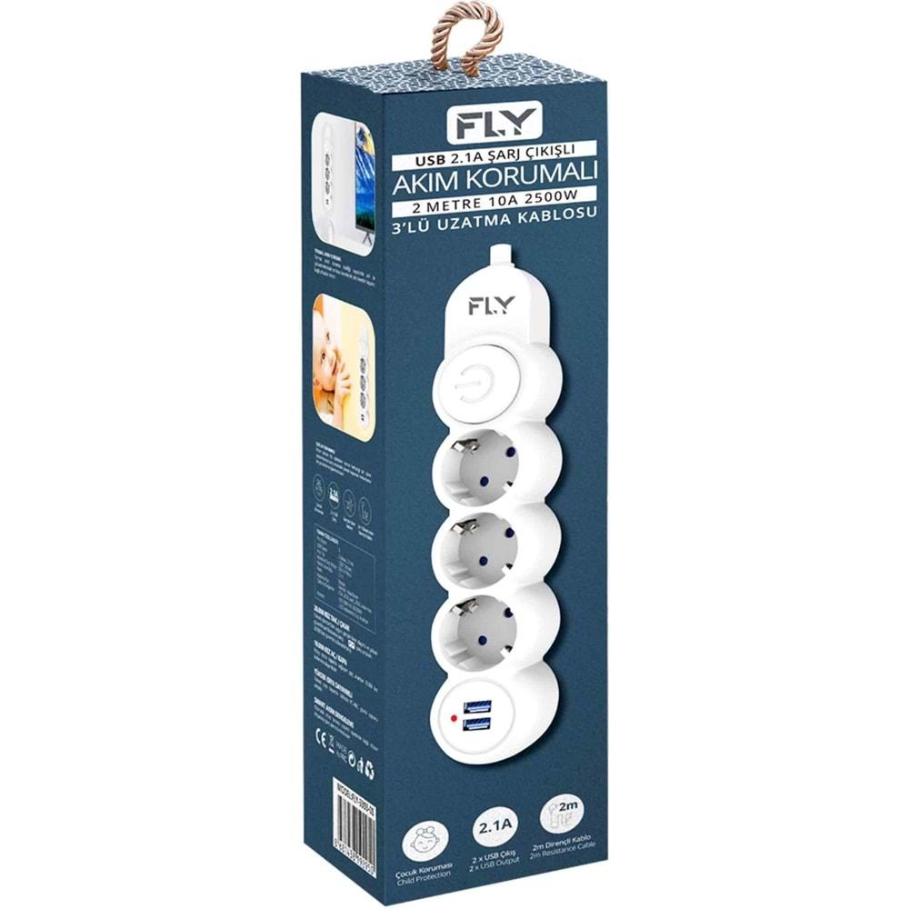 Fly 3393-01 3lü 2mt 2.1A Anahtarlı 2Usb Şarj Çıkışlı Akım Korumalı 2500w