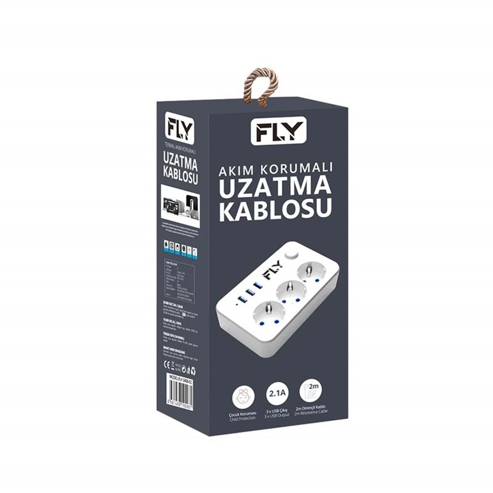 Fly 3406-01 3lü Anahtarlı 2.1A 3Usb Şarj Çıkışı 2mt Anahtarlı Akım Korumalı Priz Çocuk Koruması