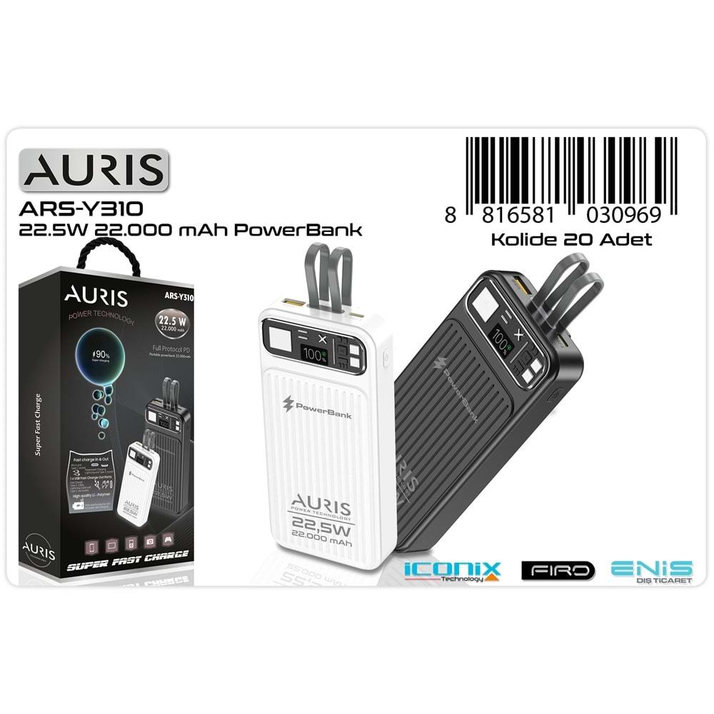 Auris Y310 22.000 Mah Super Fast Charge Ekranlı Kablolu Powerbank