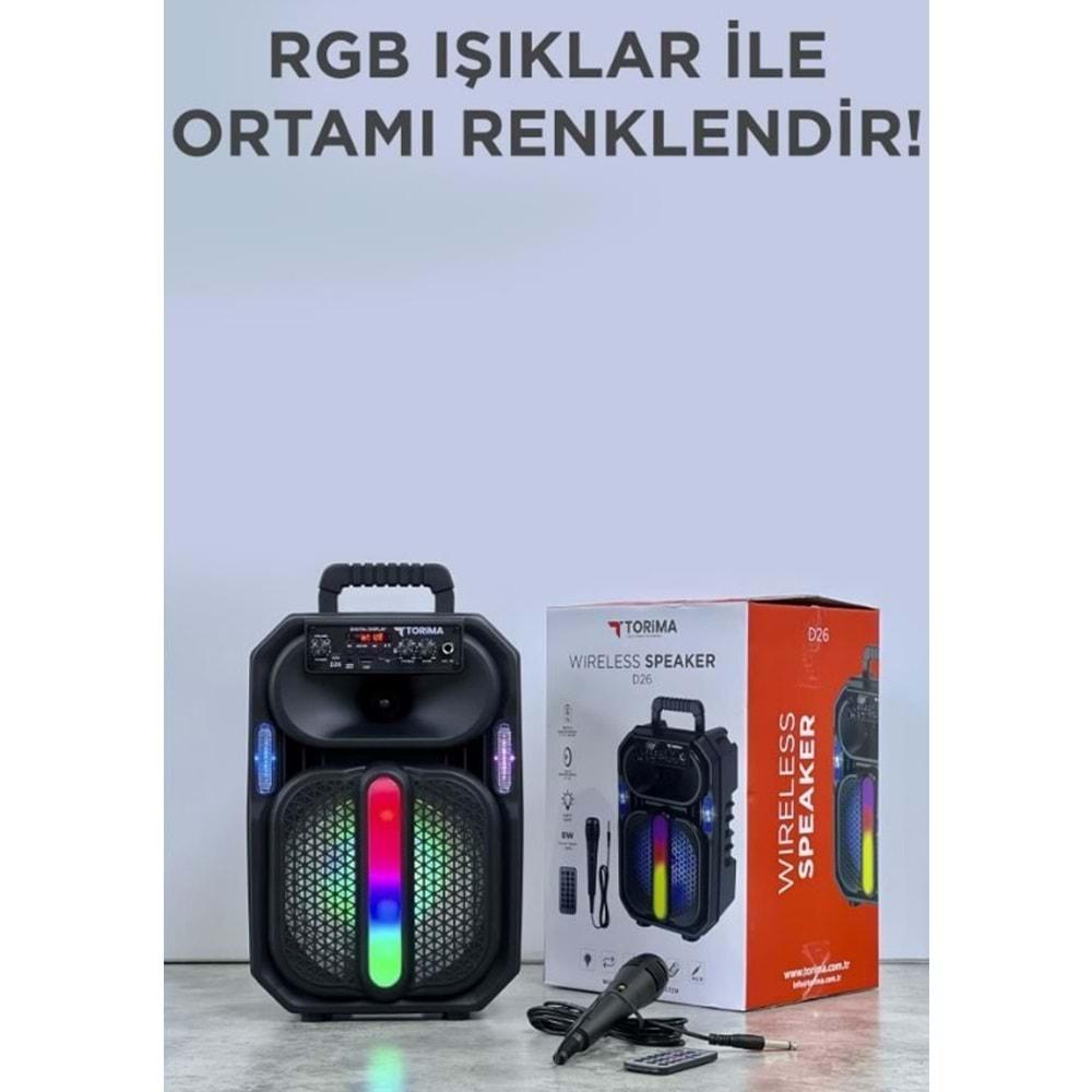 Torima D26 Siyah RGB Işıklı Mikrofonlu Kumandalı USB/TF/FM/MIC/BT Bluetooth Hoparlör