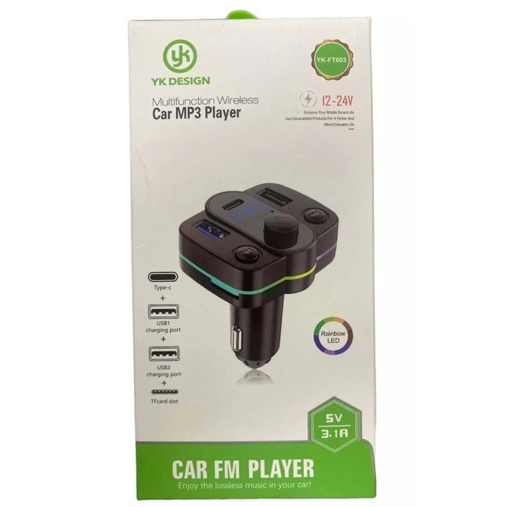 YK Design FT-603 Araç Fm Transmitter Bluetooth Usb Mp3 Sd Kart PD TypeC Şarj