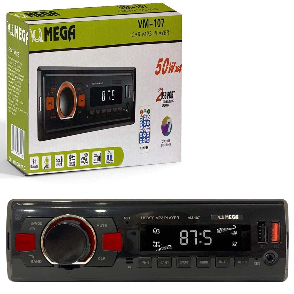 MEGA VM-107 Oto Teyp 4X50 Watt Bluetooth 2xUsb Sd Fm Aux 7 Renk