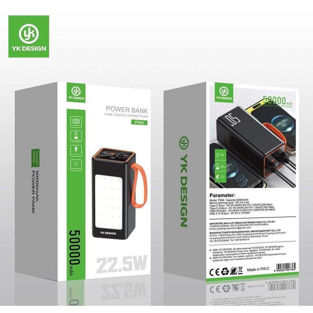Yk Desıgn P946 50.000Mah Led Ekranlı/Lambalı PD 22.5W Hızlı Powerbank