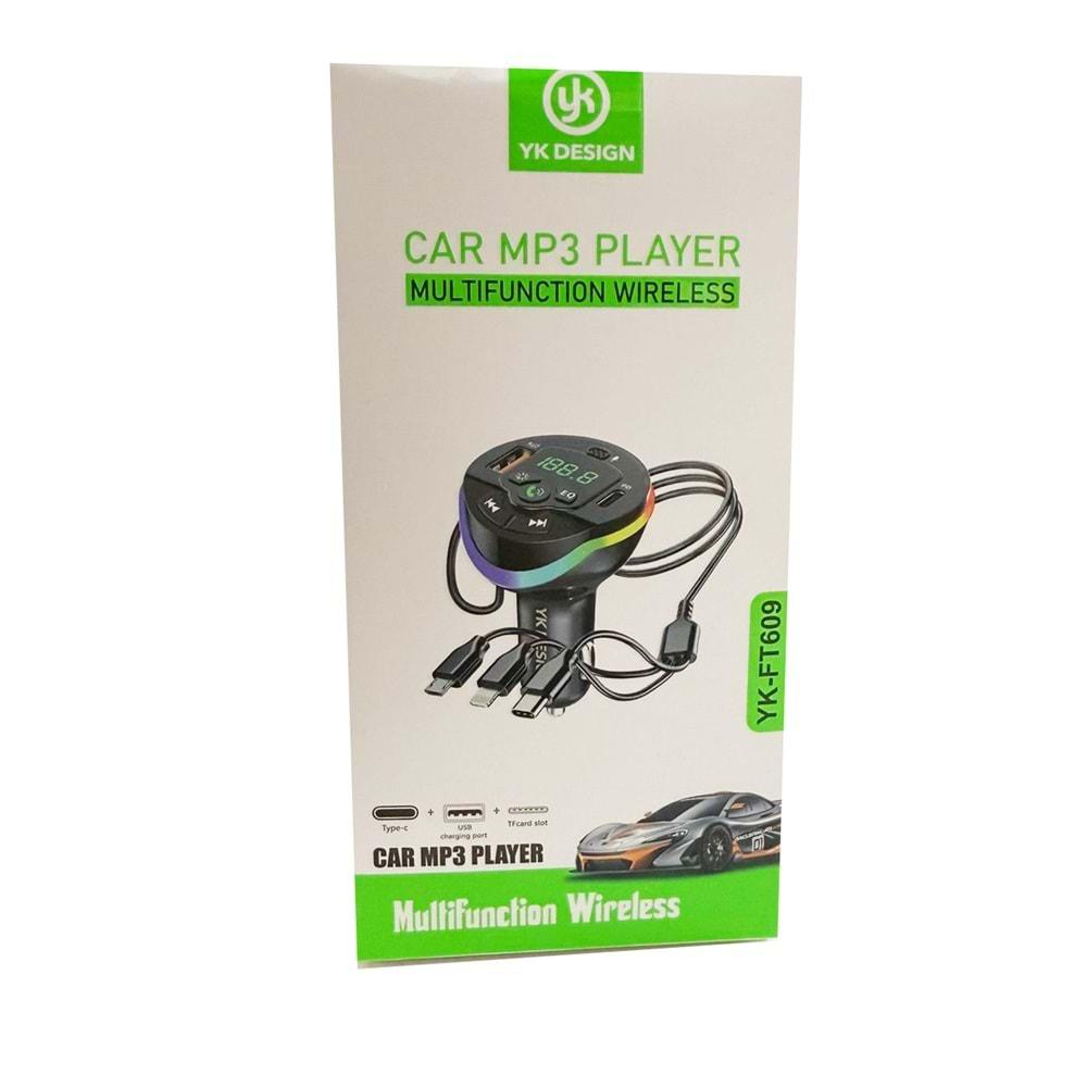 YK Design FT-609 Araç Fm Transmitter Bluetooth Usb Mp3 Sd Kart PD TypeC Şarj
