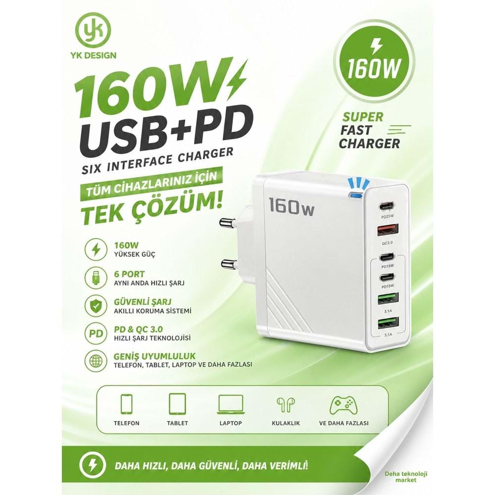 Yk Desıgn YK85 160W PD/USB/PD 6 Çıkışlı Şarj Başlığı