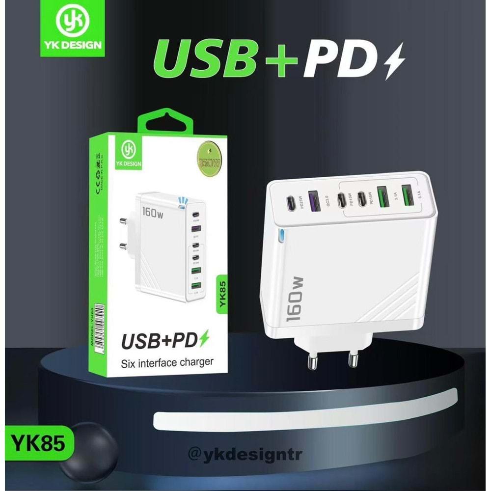 Yk Desıgn YK85 160W PD/USB/PD 6 Çıkışlı Şarj Başlığı