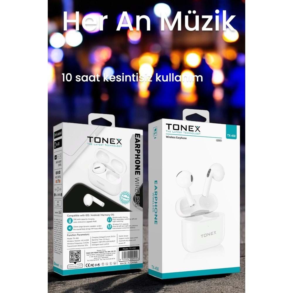 Tonex TX-450 TWS Kablosuz Kulak İçi Bluetooth Kulaklık Beyaz (10Saat Kullanım)