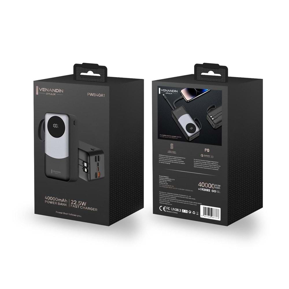 Venandin Opulix PWB40A1 40.000 Mah Led Göstergeli 22.5w Hızlı Kendinden kablolu Powerbank