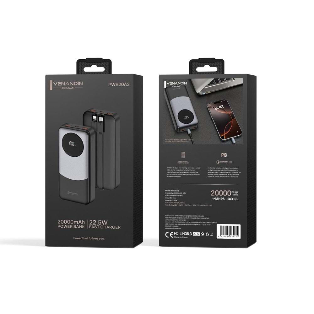 Venandin Opulix PWB20A2 20.000 Mah Led Göstergeli 22.5w Hızlı Kendinden kablolu Powerbank