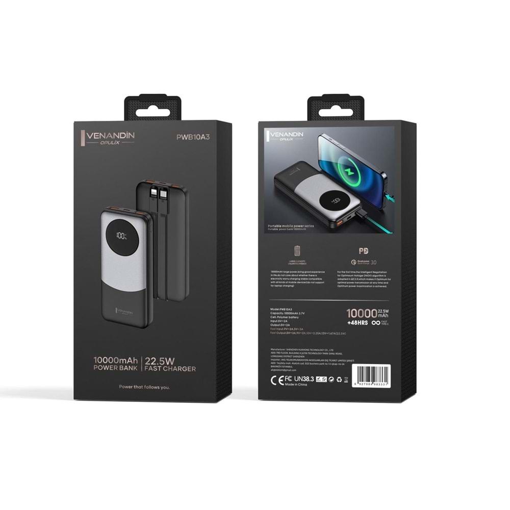 Venandin Opulix PWB10A3 10.000 Mah Led Göstergeli 22.5w Hızlı Kendinden kablolu Powerbank