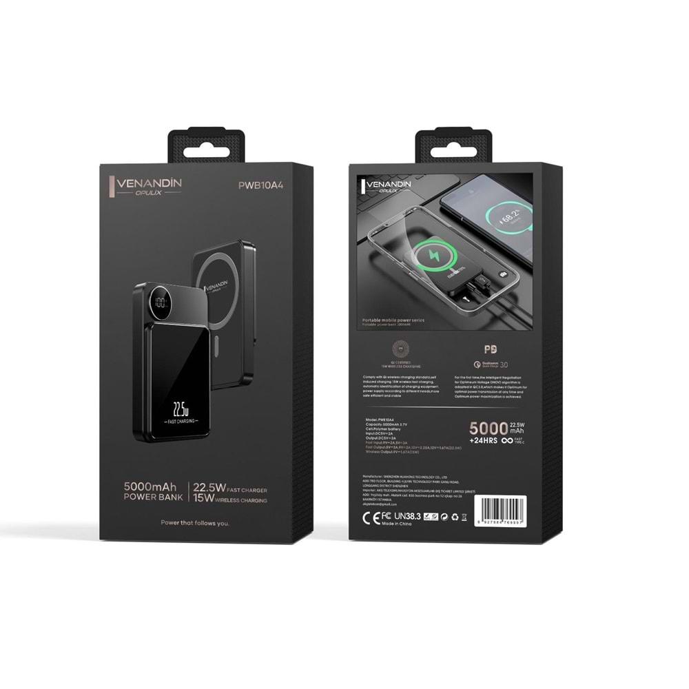 Venandin Opulix PWB10A4 5.000 Mah Led Göstergeli 22.5w Magsafe Hızlı Kendinden kablolu Powerbank