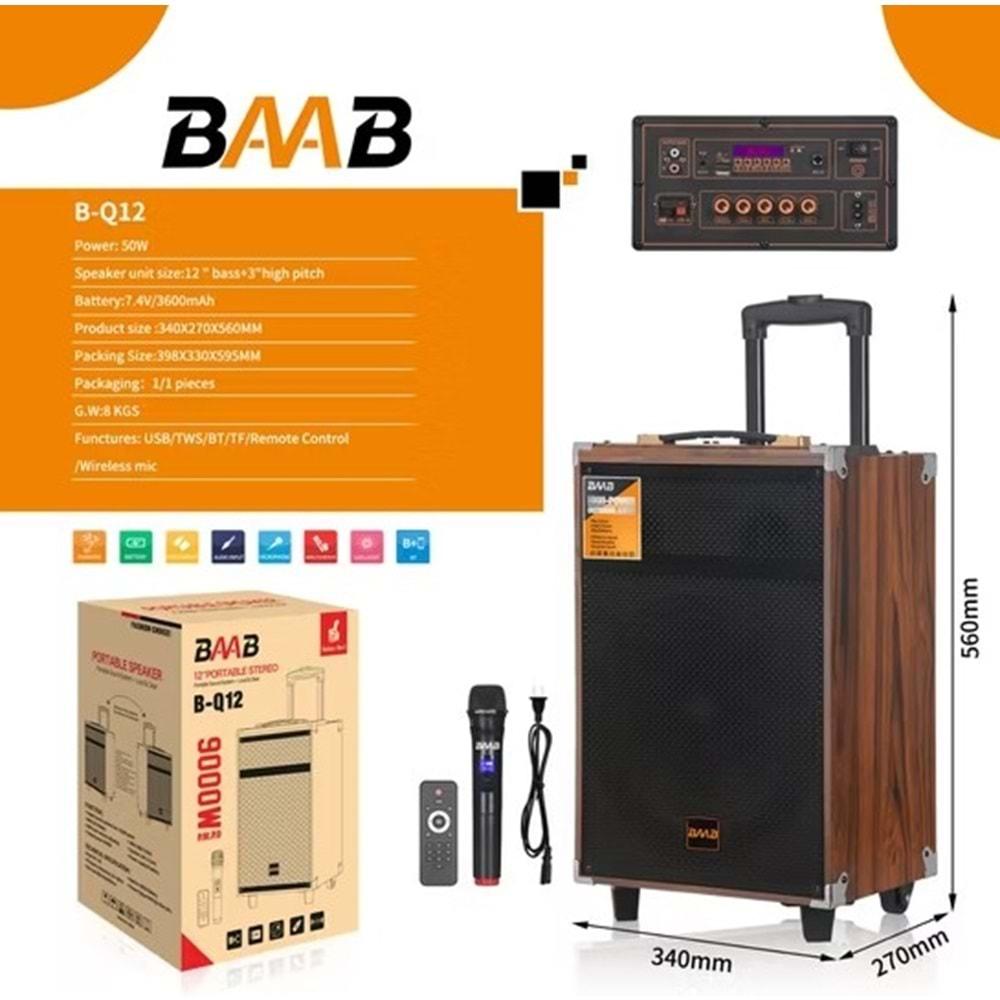 B-Q12 Mikrofonlu Kumandalı Taşınabilir Tekerlekli Bluetooth Hoparlör Kahverengi