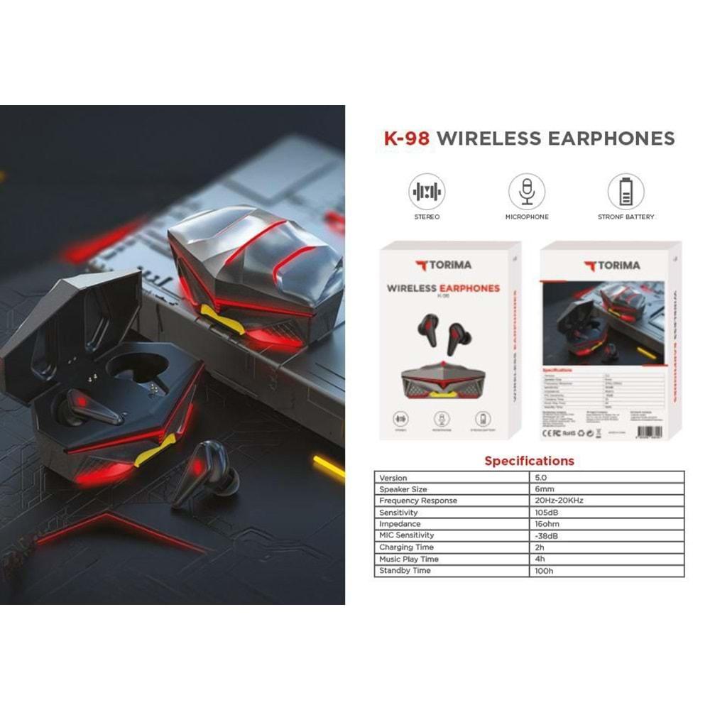 Torima K-98 Led Işıklı Kulakiçi Kablosuz Bluetooth 5.0 Metal Kasa Gaming Kulaklık