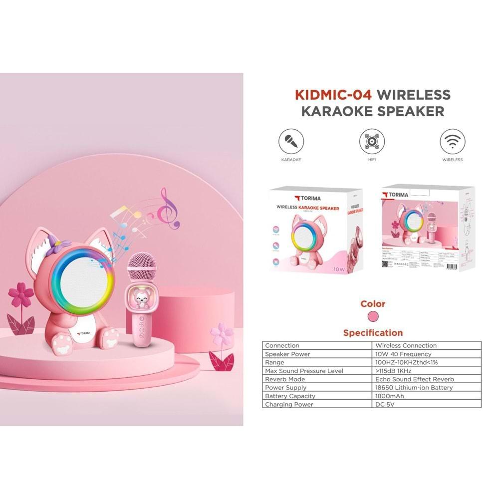 Torima KIDMIC-04 Pembe RGB Sevimli Figürlü Mikrofonlu Karaoke Bluetooth Hoparlör