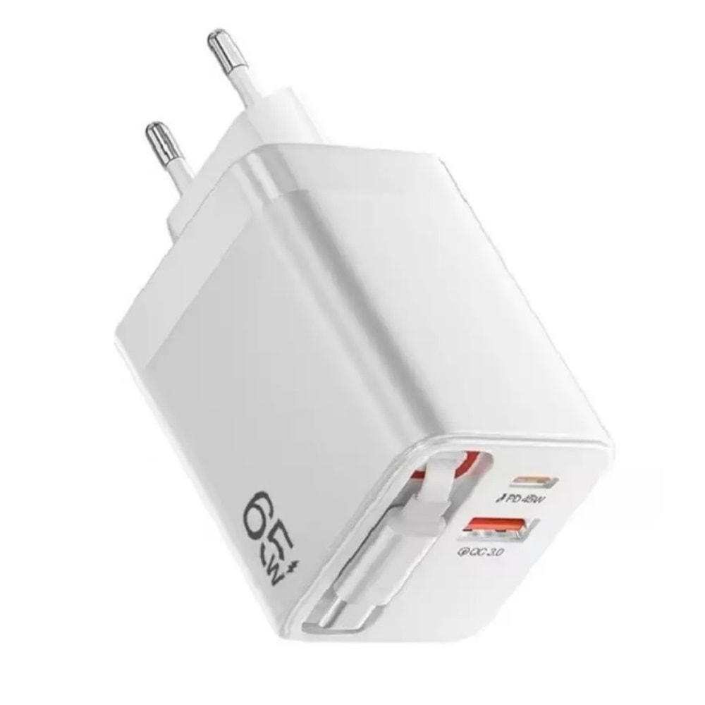 Yk Desıgn YK83 65W Type-C 60cm Kablolu UsbA ve PD Çıkışlı Süper Hızlı Şarj Aleti Başlığ