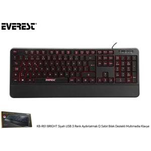 Everest KB-R61 BRIGHT Siyah USB 3 Renk Aydınlatmalı Q Sabit Bilek Destekli Multimedia Klavye