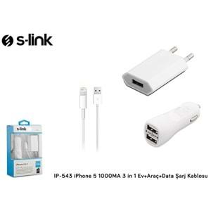 S-link IP-543 İphone5 1000ma 3in1ev+Araç+Data Şarj Kablosu