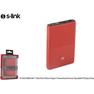 S-link IP-S50 5000mAh 1*Usb Port+Micro+Type C Powerbank Kırmızı Taşınabilir Pil Şarj Cihazı