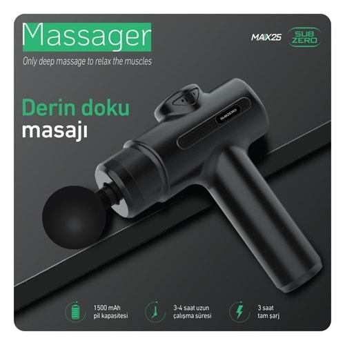 Subzero MAX25 Darbeli Titreşimli Şarjlı Sporcu Masaj Tabancası Masaj Aleti Kas Rahatlatıcı Egzersiz Aleti 4 Başlıklı