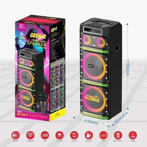Gedi-GD-2136 RGB Bluetooth/Usb/Sd/Fm Müzik Kutusu Kablosuz ÇiftMikrofonlu
