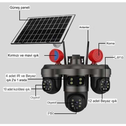 X5tech RX-55G 3kameralı Wifi 4G Solar Kamera (3 Kamera Motorize)(v380pro)