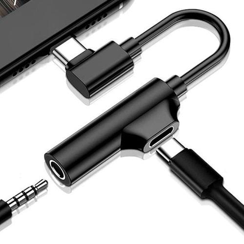 Usb Type C To 3.5mm Çevirici Dönüştürücü Adaptör Kulaklık Aux Ses Ve Şarj 2'si 1 Arada 6029