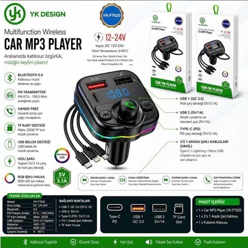 YK Design FT-620 Araç Fm Transmitter Bluetooth Usb Mp3 Sd Kart PD TypeC Şarj