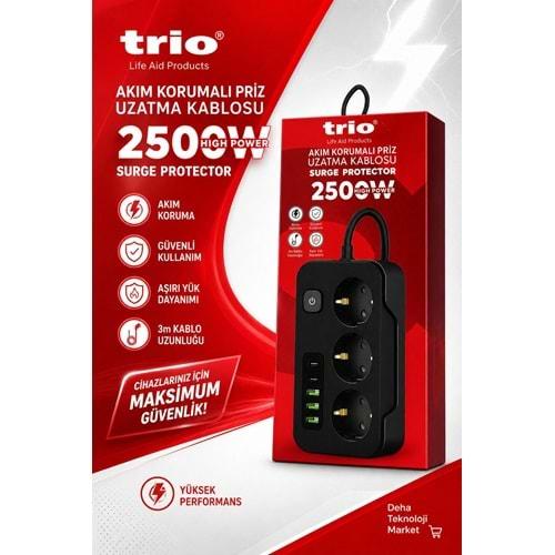 Trio TR3449 Akım Korumalı 3Lü Priz Uzatma Kasblosu 2mt 3Usb/2Type-C