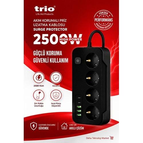 Trio TR3440 Akım Korumalı 4Lü Priz Uzatma Kasblosu 2mt 3Usb/2Type-C