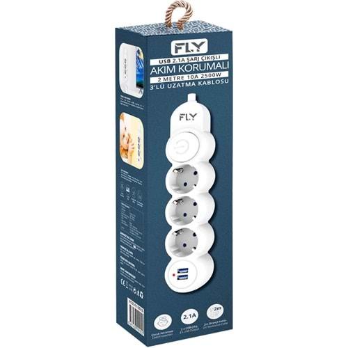 Fly 3393-01 3lü 2mt 2.1A Anahtarlı 2Usb Şarj Çıkışlı Akım Korumalı 2500w