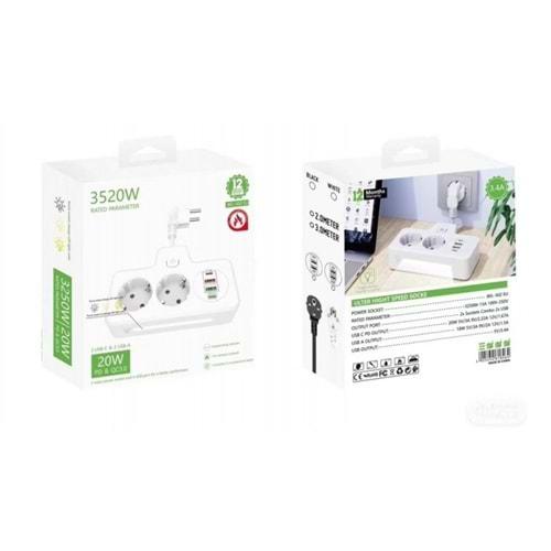 Yk desıgn KL-502EU Priz Grubu Aşırı Yük Koruması 3250W 100-250V 50/60Hz QC PD 20W Beyaz