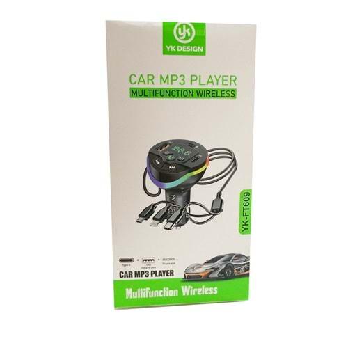 YK Design FT-609 Araç Fm Transmitter Bluetooth Usb Mp3 Sd Kart PD TypeC Şarj
