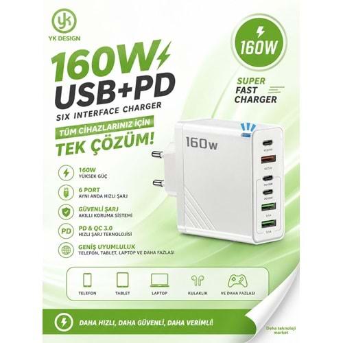 Yk Desıgn YK85 160W PD/USB/PD 6 Çıkışlı Şarj Başlığı