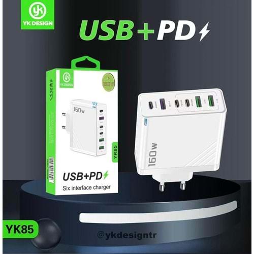 Yk Desıgn YK85 160W PD/USB/PD 6 Çıkışlı Şarj Başlığı