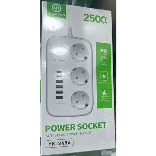 YK Desıgn YK-3454 4USB'li/2 Type-C 1.5 Metre Akım Korumalı Priz Beyaz