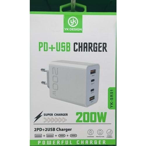 Yk Desıgn YK-SR51 200W PD/USB/PD 4 Çıkışlı Şarj Başlığı