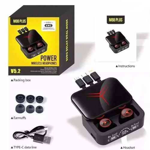 Newpro M88 Plus Şarj Göstergeli Powerbank Özellikli Bluetooth Kablosuz Kulakiçi Kulaklık Siyah